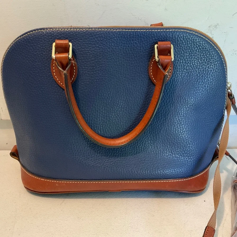 Dooney & Bourke Navy Blue Pebbled Leather Zip Zip Satchel Bag with Brown Trim